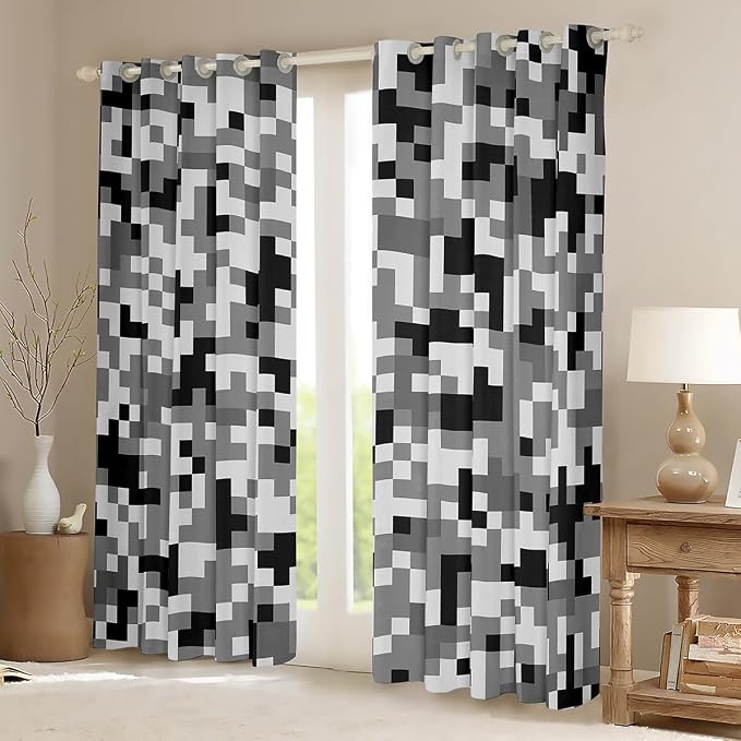 Castle Fairy Grey Black Camo Window Curtain,Geometric Pixelated Themed Bedroom Decor Curtains,Boys Teens Modern Camouflage Window Treatment Video Games Blackout Drapes 2 Panels,42Wx63L