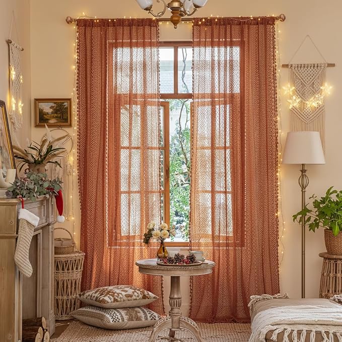 WAZZIO Boho Lace Curtains 84 Inches 2 Panel,Light Filtering Privacy Tassel & Geometry Crochet Semi Sheer Curtain Drapes for Bedroom Living Dining Room,Rod Pocket & Tassel,Full Decor,Burnt Orange