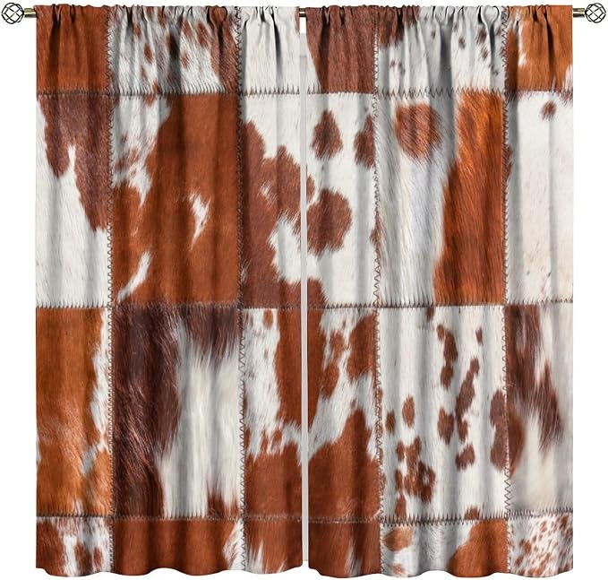 Cowhide Blackout Curtain, Rustic Farmhouse Animal Spotted Brown Cow Texture Print Drapes, Rod Pocket Window Treatments 2 Panels Curtains for Bedroom Office Living Room Kitchen Decor 42"W X 63"L