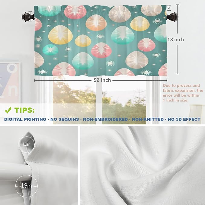 Shrahala Easter Eggs Stars Blackout Short Curtains for Windows, Colorful Easter Egg Pattern Kitchen Valance Thermal Insulated Rod Pocket Window Treatment for Bathroom 2 Pack 52 X 18 in