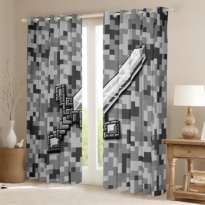 Castle Fairy Grey Pixel Style Window Curtain,Geometric Miner Grid Privacy Blackout Curtain for Window Cool Sword Shade Windows Covering for Bedroom Video Games Drapes 2 Panels,42Wx84L