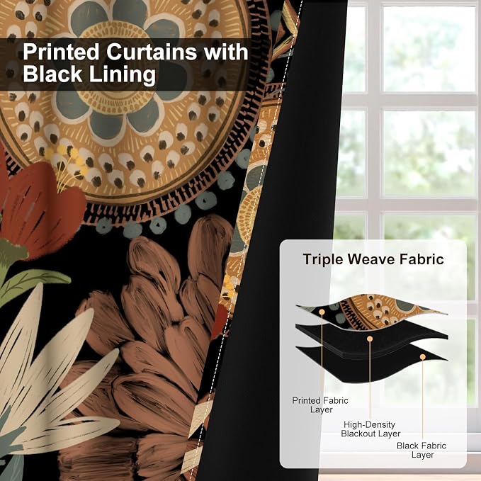 Black Boho Floral Blackout Curtains for Bedroom and Living Room, Grommet Thermal Insulated Room Darkening Curtains 84 Inch Long 2 Panels Set, Light Filtering Privacy Drapes with Curtain Tiebacks