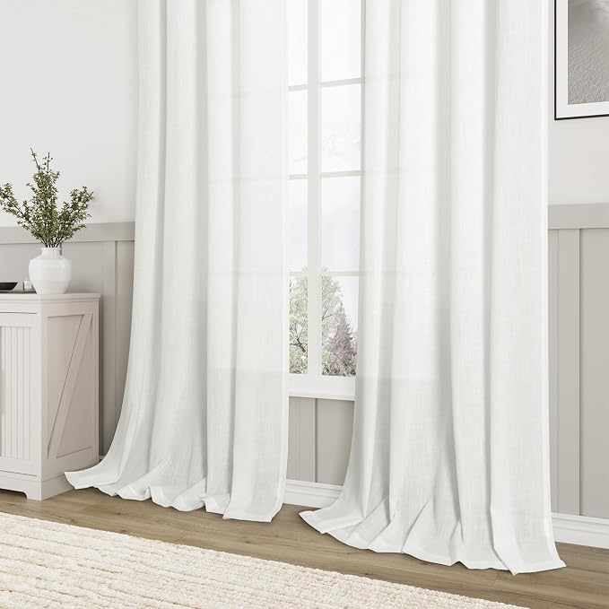 Aersas Ivory Linen Curtains 96 Inch Long for Living Room 2 Panel Back Tab Light Filtering Semi Sheer Drapes Country Rustic Farmhouse Boho Curtain 52x96