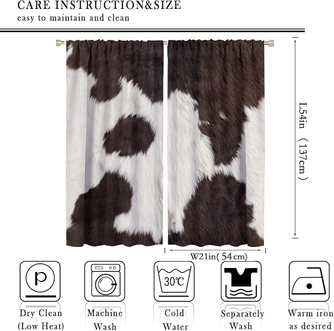 Cow Print Blackout Curtain,Retro Animals Fur Skin Cowhide Farm Style Window Treatments Rod Pocket Curtain for Bedroom Living Room Kitchen Decor Drapes 42x54in