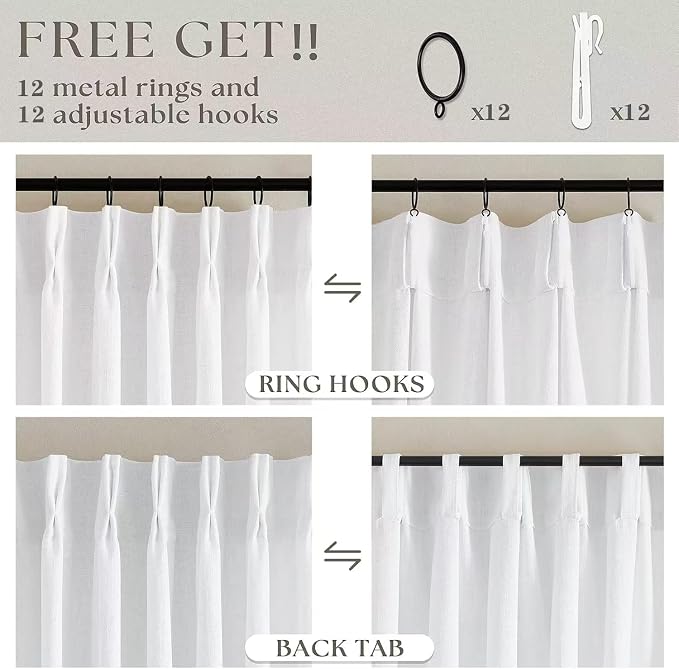 Pleated Linen Curtains 120 Inches Long 60 Inch Width Extra Wide for Living Room Bedroom White Semi Sheer 120 Inch Length Back Tab Hooks Rings Pinch Pleat Curtains for Patio Glass Door 1 Panel