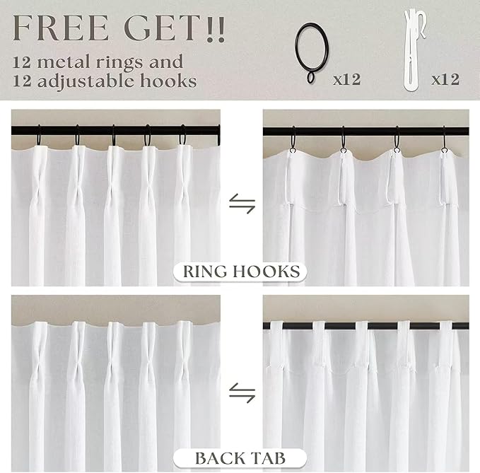 TWODRAPES Snow White Pinch Pleated Linen Curtains 2 Panels for Living Room Bedroom Memory Training Shaped Semi Sheer Pleat Drapes with Hooks Rings Light Filtering Window Curtain 40x54