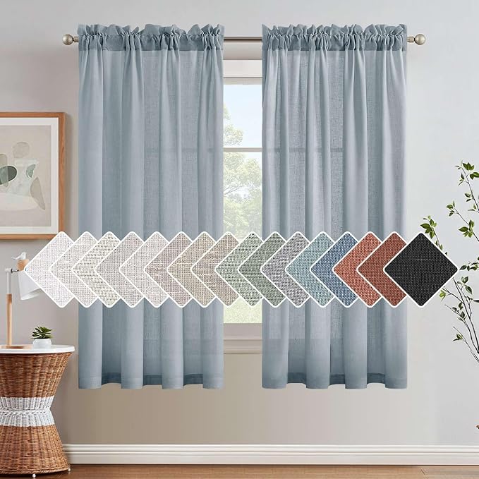 Linen Curtains Elegant Natural Linen Blended Curtains Energy Efficient Light Filtering / Rod Pocket Window Treatments Panels / Drapes for Livingroom (Set of 2, Stone Blue, 52 inch W X 63 inch L)