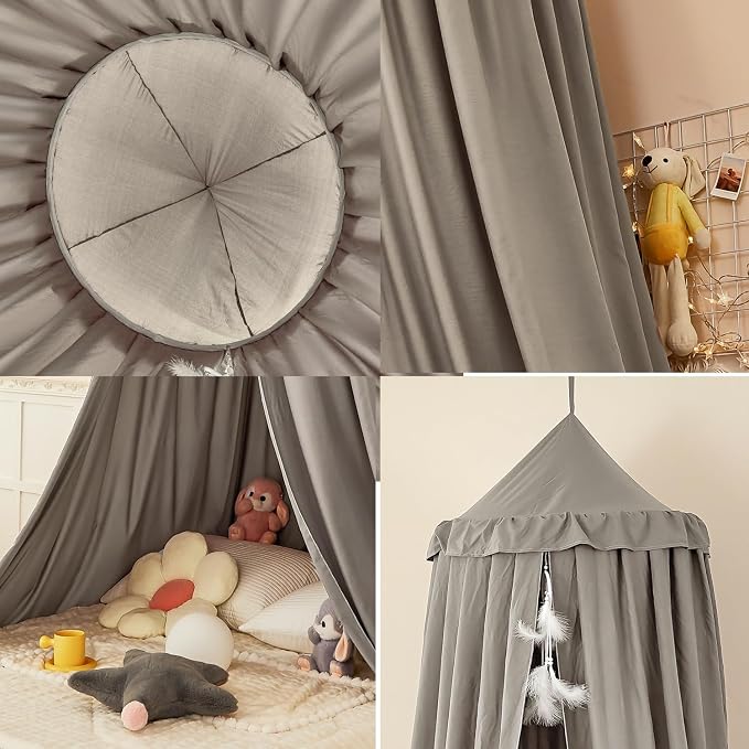 Princess Decor Canopy for Kids Bed, Soft and Durable Bed Canopy for Girls Room Tent Canopy Dreamy Mosquito Net Bedding, Children Reading Nook Canopies Indoor (Grey)