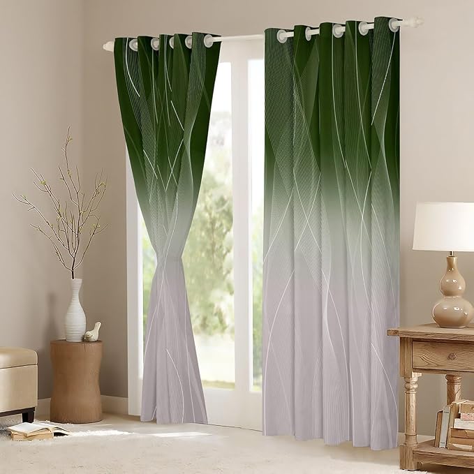 jejeloiu Green Darkening Drapes Kids Ombre Strip Lines Curtains for Bedroom Living Room Gradient Style Blackout Curtains for Women Men Lightweight Abstract Window Treatments s