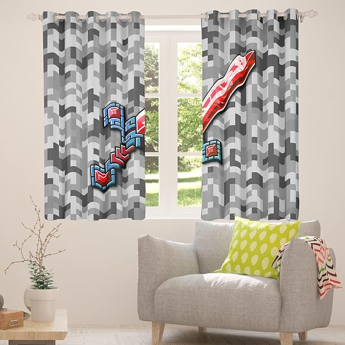 Castle Fairy Red Blue Sword Window Curtains,Geometric Grey Grid Privacy Blackout Curtain for Window Miner Theme Shade Windows Covering for Bedroom Pixel Video Games Drapes 2 Panels,52Wx96L