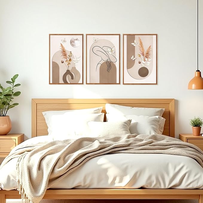 CHDITB Wabi Sabi Dried Floral Framed Canvas Wall Art Set, Neutral Boho Line Woman Wall Decor, Minimalist Abstract Geometric Artwork, Vintage Beige Prints for Living Room, Bedroom, Office 16"x24"x3