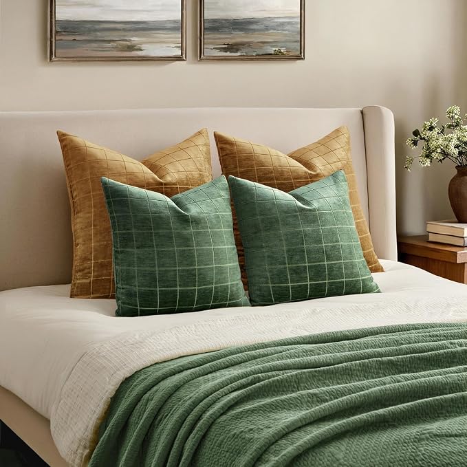 MIULEE Moss Green Plaid Decorative Throw Pillow Covers 18x18 Set of 2 | Vintage Check Chenille Couch Pillows Neutral Boho Farmhouse Cushion Covers Modern Home Decor for Sofa Bed Living Room