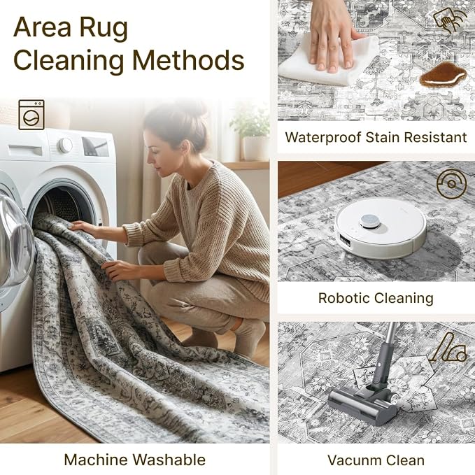 10x14 Area Rug for Living Room-Vintage Farmhouse Boho Floral Washable Stain Resistant Indoor Carpet for Bedroom Office and Home Decor(Black&Grey)