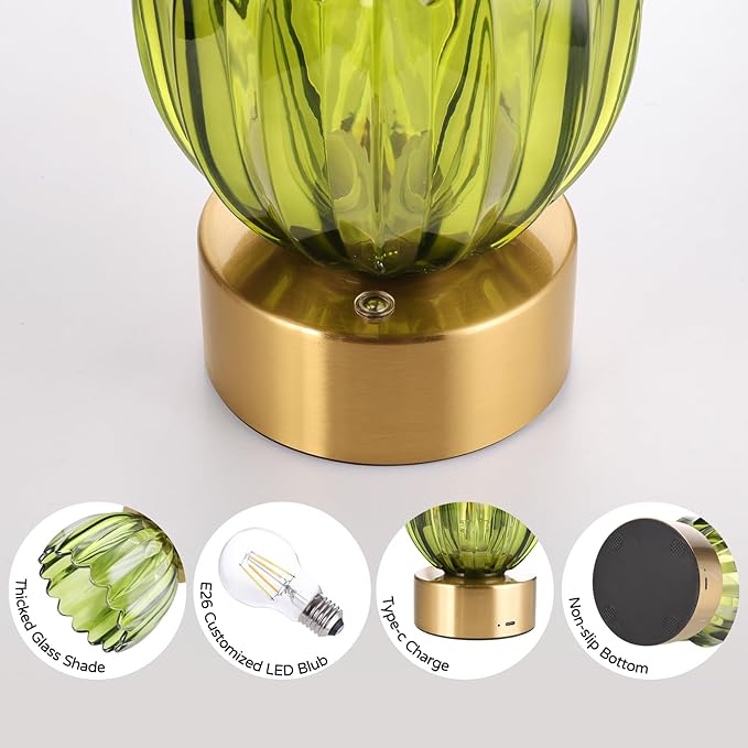 Shenmoyl Cordless Small Table Lamp with 5200mAh Battery & Touch Control, Battery Operated Tulip Table Lamp with 3 Colors, Rechargeable Mini Table Lamps for Bedsides, Bedroom, Nightstand (Green)