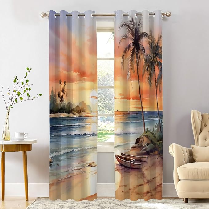 Shrahala Sunset Beach Thermal Insulated Blackout Window Curtains, Tropical Seaside Scene Long Drapes for Bedroom/Living Room with Plastic Grommet, 52X84 Set of 2