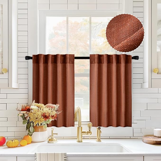 MIULEE Burnt Orange Kitchen Curtains 24 Inch Length 2 Panels, Soft Thick Linen Textured Semi Sheer Light Filtering Short Cafe Tier Curtains for Small Half Window Back Tab Rod Pocket Fall Boho Decor