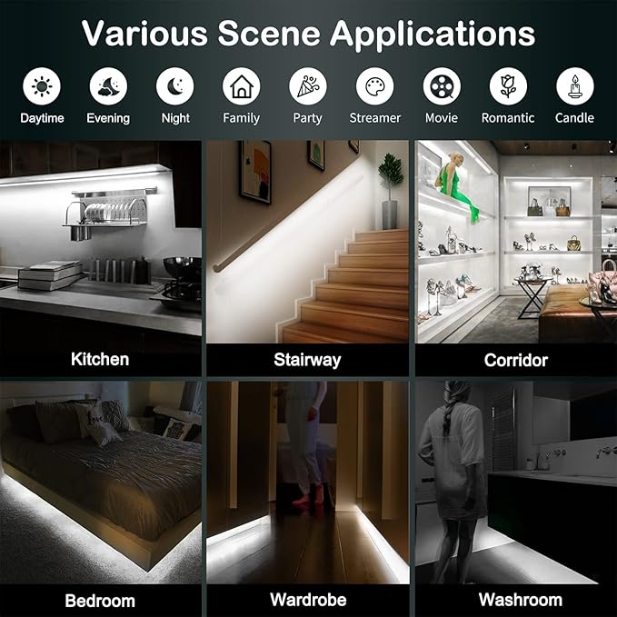 Motion Sensor Under Cabinet Lights - Plug-in LED Strip Lights Indoor With UL FCC Approved Adapter, Dimmer And Timer For Kitchen Cabinet, Counter, Shelf, Showcase, Stairway, Bedroom, Corridor, Washroom
