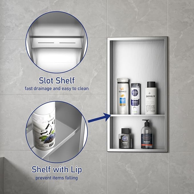 Stainless Steel Shower Niche 24" X 12" Brushed No Tile Needed Wall Niche with Double Shelves Recessed Shower Shelf for Bathroom Vertical Niches