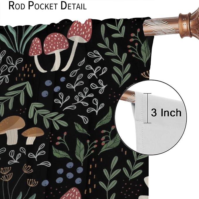 Mushroom Curtains, Cartoon Green Leaves Mushroom Wildflower Plant Botanical Boho Herb Nature Garden Print Blackout Window Drapes for Living Room Kids Bedroom 63x72in