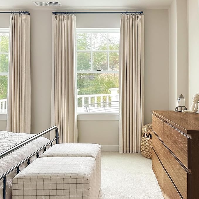 100% Blackout Shield Linen Look Textured Pinch Pleated Curtains Blackout Drapes 105 Inch Long 2 Panels Set, Faux Linen Blackout Curtains for Bedroom & Living Room, 40" W x 105" L, Cream