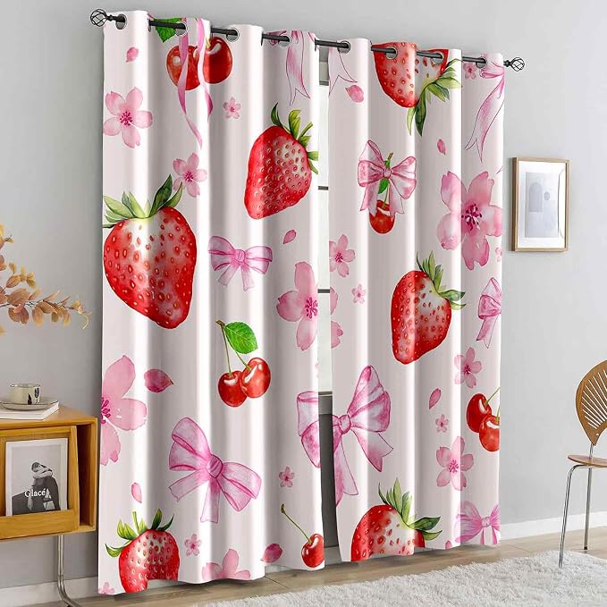 LUVIVIHOME Cute Floral Strawberry Blackout Curtains, Pink Bow Curtains for Girls Bedroom Living Room, Aesthetic Bowknot Girly Preppy Coquette Room Decor, Grommet Window Drapes 2 Panel Sets, 42x84 Inch