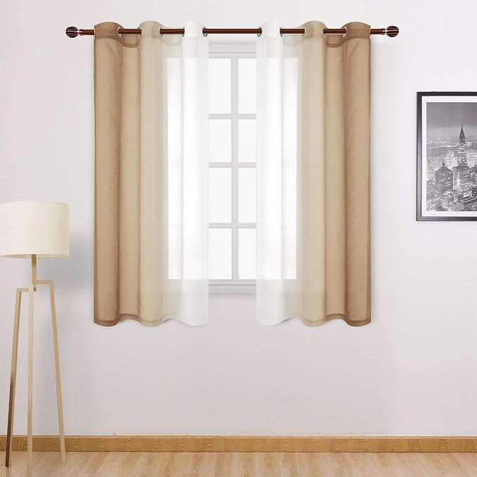 DWCN Ombre Short Sheer Curtains - Faux Linen Semi Voile Gradient Light-Filtering Bedroom and Living Room Curtains, Set of 2 Grommet Top Window Drape Panels, 42 x 45 Inch Length, Taupe