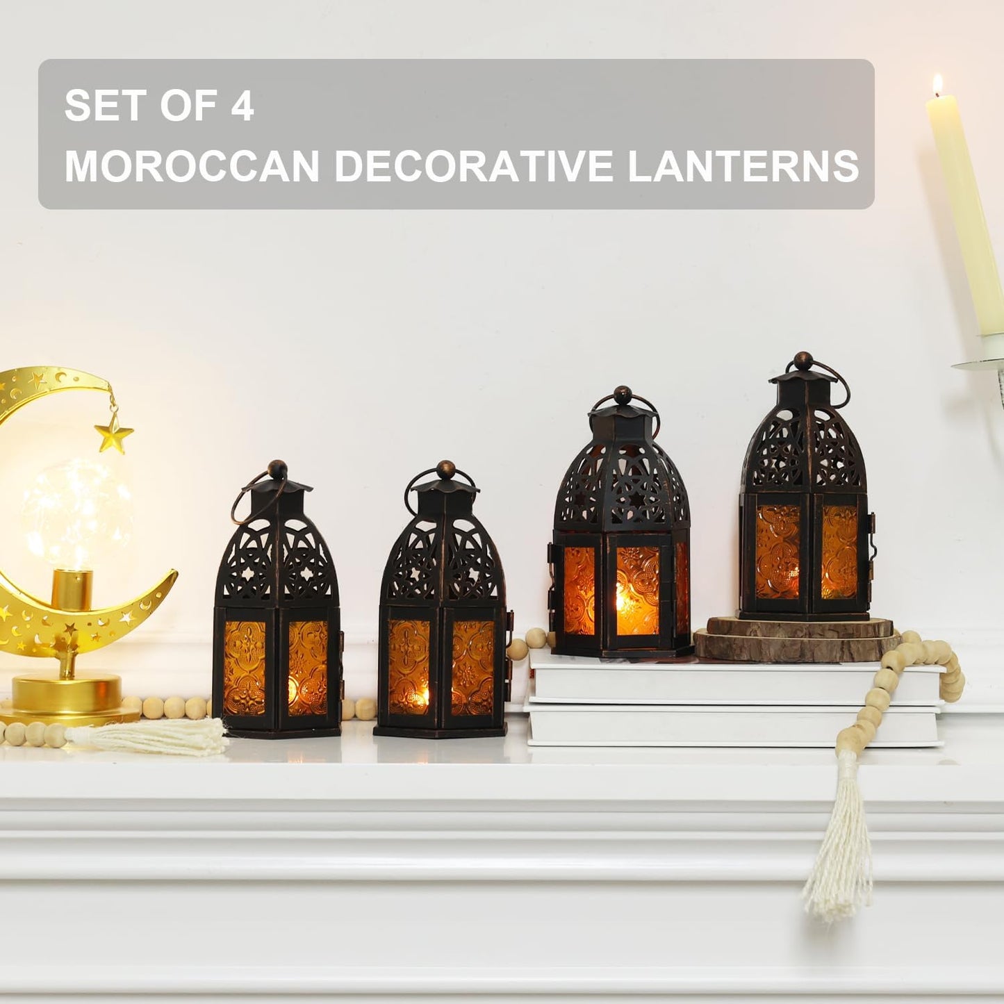 NEEDOMO Set of 4 Moroccan Candle Lantern, 9" Ramadan Lanterns Decorative Indoor Outdoor, Vintage Candle Holder for Chritsmas, Halloween, Table, Patio, Porch, Shelf, Ramadan Decorations (Amber)