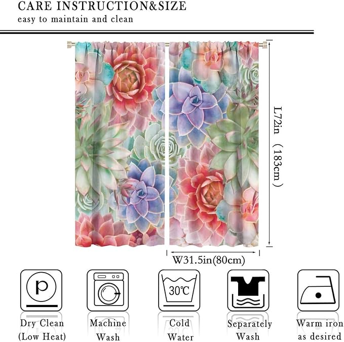 Boho Cactus Floral Curtain Tropical Colorful Succulent Plants Beautiful Flower Retro for Home Kitchen Restaurant Decoration Drapes 2 Panels 63x72in