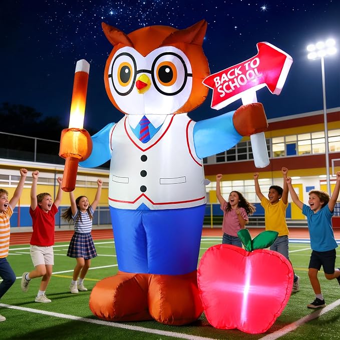 DomKom 5FT Back to School Inflatable Professor Owl with LED Lights, Blow Up Yard Decor with Apple & Pencil, Waterproof Lawn Ornament for First Day School, Classroom Welcome & Graduation Party