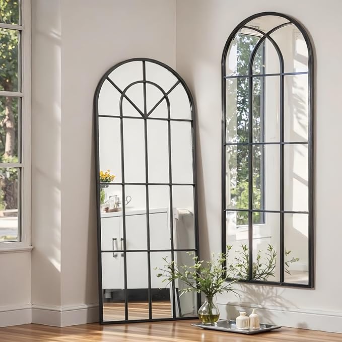 Dewfig 71"x32" Arched Window pane Full Length Mirror, Wall Mirror, Floor Standing Mirrors, Farmhouse Long Full Body Mirrors Wall Mounted for Living Room, Bedroom, Entryway, Fireplace, Black