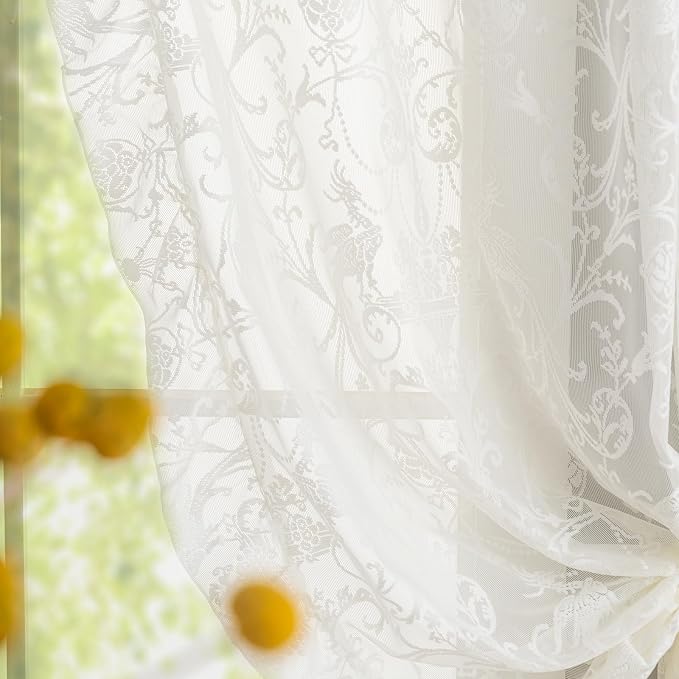 TUDECO Short Lace Curtains 63 Inch Length - Cottagecore Embroidered Sheer Ruffle Floral Drapes for Bedroom Nersury Vintage Rod Pocket Cream Lace Curtains 2 Panels, 59 x 63 Inch, Ivory