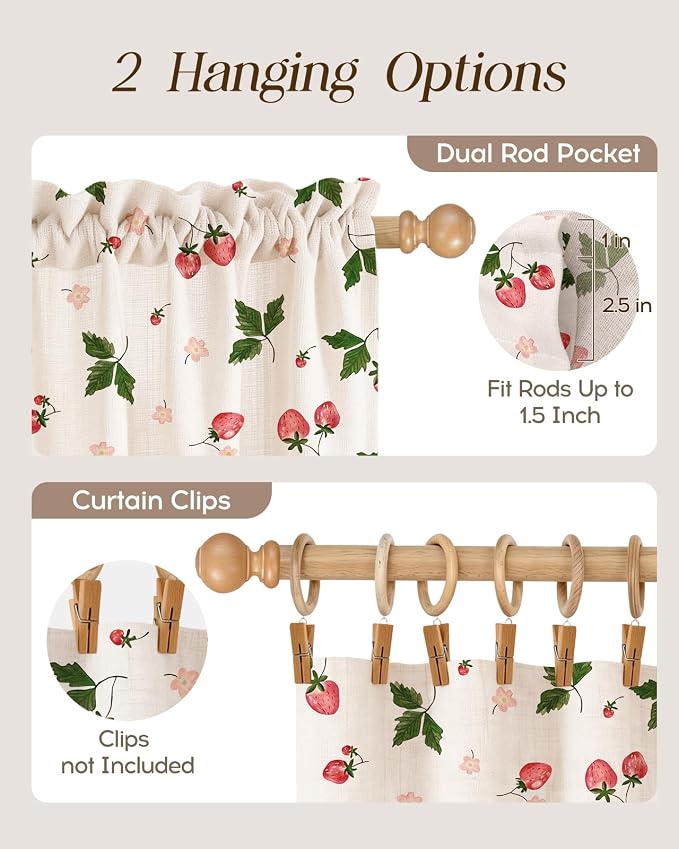 Miss Adola Farmhouse Kitchen Tier Curtains - 24 Inch Length Linen Blend Country Cafe Curtains Strawberry Small Window Treatments Over Sink Rod Pocket for Bathroom Living Room Light Filtering, 2 Panels