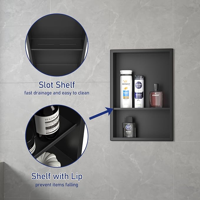 Stainless Steel Shower Niche 18" X 12" Matte Black No Tile Needed Niche for Shower Wall with Two-Tier Shelves Recessed Wall Niches for Bathroom Storage Over Mount Installation