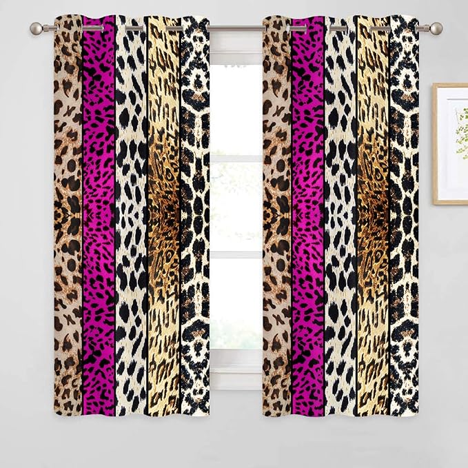 Wild Animal Print Curtain, Room Darkening Thermal Insulated Blackout Leopard Boa Window Drapes with Grommets for Living, Dining, Bedroom, Hot Pink Leopard Print, 52"x 63", 2 Panels
