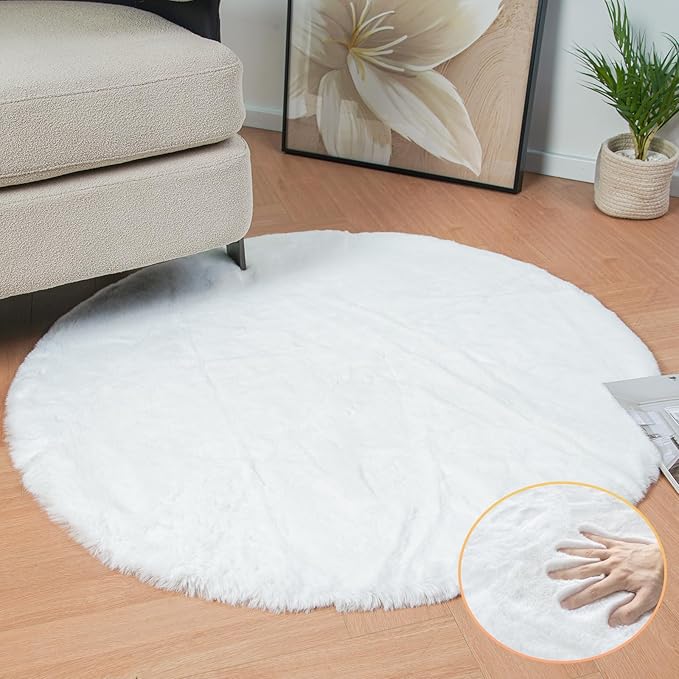 ORINOVA White Faux Fur Round Rug 4ft Fluffy Rabbit Fur Rug Machine Washable Circle Area Rugs for Living Room Bedroom Home Teen Room Nursery Décor