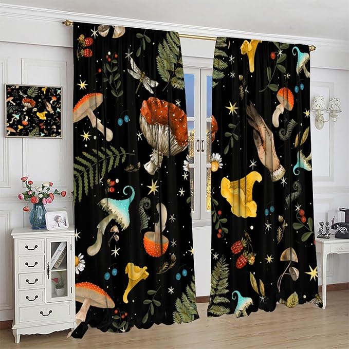 Retro Mushroom Curtains, Boho Rustic Vintage Botanical Mushroom Gothic Witch Wildflower Plant Print Blackout Window Treatments for Living Room Bedroom Kitchen 55x63in