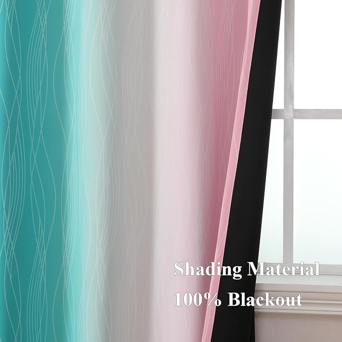 Estelar Textiler Pink and Teal Blackout Curtains 45 Inch Length, Full Light Blocking Gradient Drapes for Bedroom, Thermal Insulated Grommet Ombre Curtains for Bathroom, 52Wx45L, 2 Panels