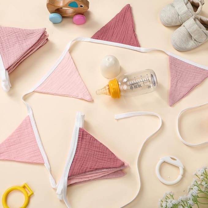 Oudain 2 Pcs Pennant Banner Flags Nursery Garland Triangle Bunting Flags Playroom Wall Decor Banner for Nursery Baby Shower Birthday Boho Wedding Party Event, Each 7.75 ft(Pink Color)
