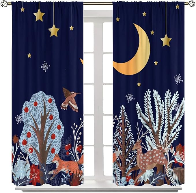 Rustic Animal Curtains, Wild Forest Animal Bear Fox Deer Kids Window Treatments for Living Room Bedroom, Farmhouse Woodland Blackout Drapes 2 Panel Sets, 55x63 Inch