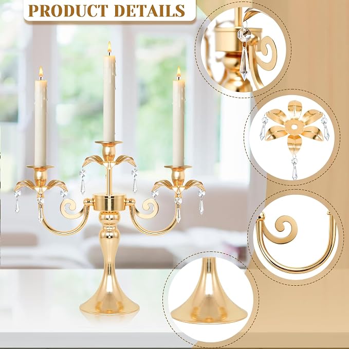 Metal 3 Arm Candelabra with Crystal Pendants - 11.8 Inch Tall Candle Holders, Set of 2 - Elegant Taper Candlestick Stand for Wedding, Dining Table, Christmas Party Home Decoration (2, Gold)
