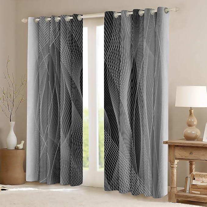 jejeloiu (2 Panels, 38 x 45 Inch Grey and Black Darkening Drapes Strip Lines Curtains for Bedroom Living Room for Kids Women Men Ombre Printed Blackout Curtains Geometric Window Treatments