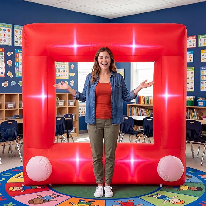 Soulchen 6 x 5 ft Inflatable Cartoon Story Photo Frame Decor with Built in LEDs Lighted and Air Blower, Large Red Blow up Giant Picture Frame for Birthday Photo Props