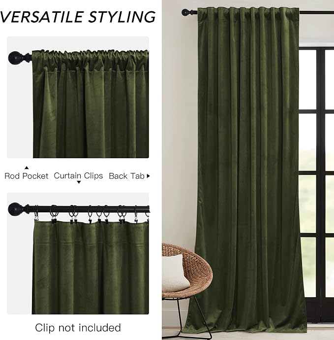 RYB HOME Olive Green Velvet Curtains for Bedroom Living Room, Thermal Insulated Privacy UV Heat Blocking Luxurious Drapes for Nursery Dining Room, 52"W x 92"L, 2 Panels, Rod Pocket/Back Tab/Hook Belt