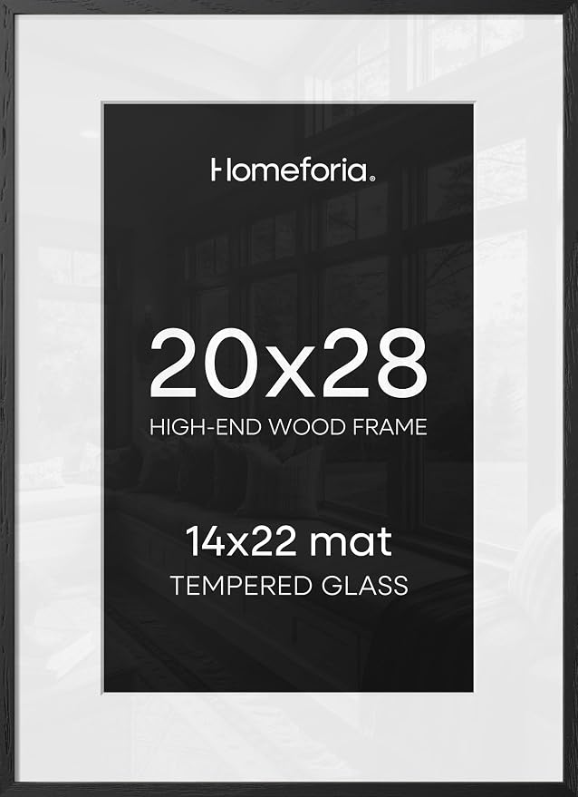Homeforia 20x28 Black Wood Frame, High End Oak 20x28 Wooden Picture Frames with Mat 14x22 Photo, 20 x 28 Poster Frame Matted to 14 by 22 Print, 28x20 Hanging Frames, Tempered Glass, Wall Kit, Set of 3