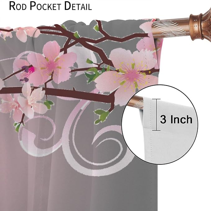 Cherry Blossom Curtains,Pink Flower Japanese Floral Print Window Treatments for Bedroom Living Room Kitchen Polyester Fabric Window Drapes 2 Panels Set,Total Size 72 x 63 Inch