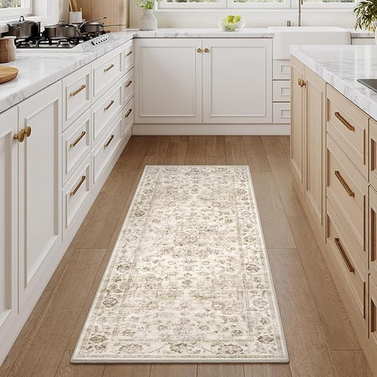 2x4 Washable Neutral Runner Rug Beige Vintage Hallway Kitchen Carpet Non-Slip Soft Low Pile Farmhouse Throw Rug for Bedroom Bathroom Laundry Living Room
