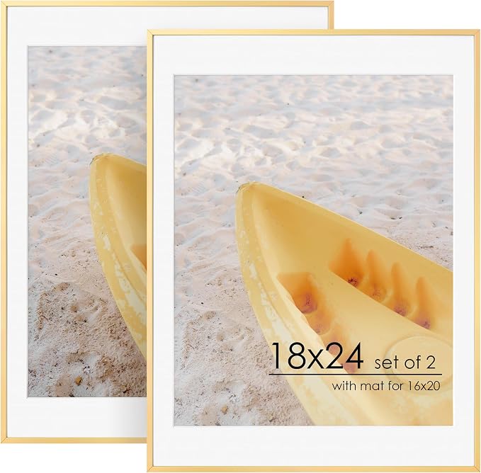 FLYJOE 18x24 Metal Picture Frame For Wall With Mat For 16x20, 18''x24'' Aluminum Photo Frames With Tempered Glass For Home Decor, Minimalist Modern Poster Frame Horizontally Vertically Set of 2, Gold