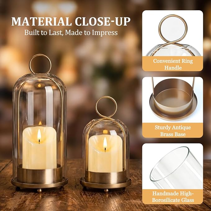 Brass Hurricane Handmade Sturdy Glass Dome Candle Holders with Glass Cover, Set of 2 Flameless Battery Operated LED Pillar Candles and Remote, Elegant Cloche Lantern for Modern Table Centerpiece