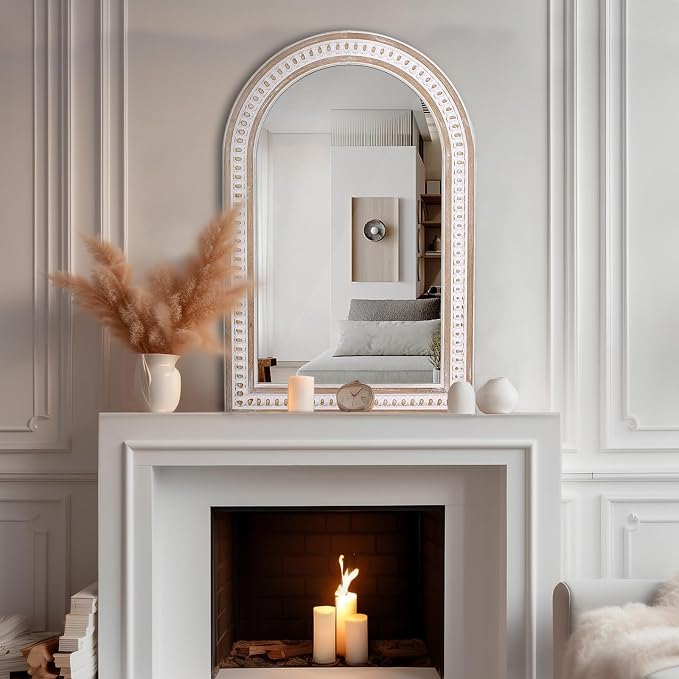 36x24 Inch Arched Wall Mirror, Rustic Farmhouse Arch Mirror for Bathroom | Raised Bead Detailing Adds Boho Character Above Sinks, Vanities, Consoles, Dressers, Mantels, or Sideboards