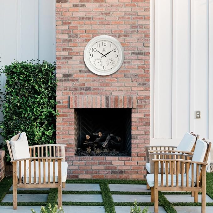 Outdoor Clocks for Patio Large Waterproof with Thermometer - White 18 inch Indoor Outdoor Wall Clock with Temperature and Humidity Combo - Weatherproof, Accurate & Easy to Read for Pool, Garden & Home